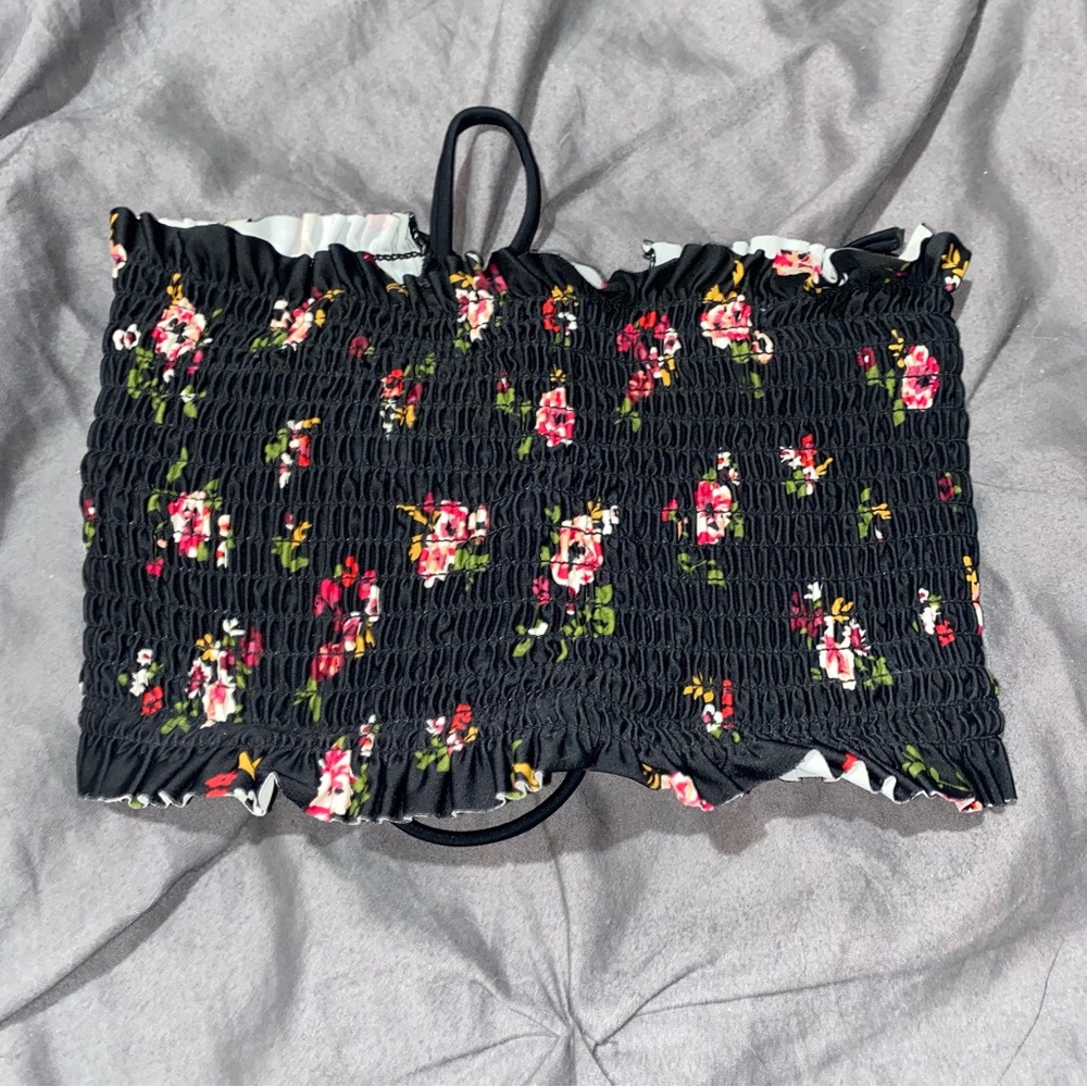 Xhilaration Black Floral Ruffle Bikini Top